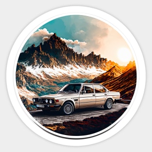 Vintage 70s retro classic car in mountain roads during sunset Sticker